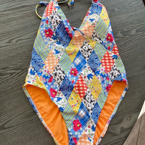 Polo Ralph Lauren Patchwork Plunge Neck One Piece Swimsuit - Picture 5 of 13